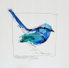 a drawing of a blue bird sitting on top of a piece of paper with writing underneath it