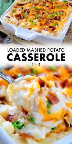 loaded mashed potato casserole with bacon and green onions in a white dish