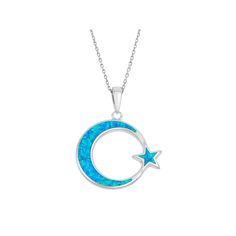 Add celestial style to any look with this lab-created blue opal star and moon necklace. Comes in a gift box. Click on this JEWELRY & WATCHES GUIDE to learn about fit, styles, materials and more!PENDANT DETAILS Pendant length: 1.22 in. Chain length: 18 in. Clasp: spring-ring Metal: rhodium-plated sterling silver STONE DETAILS Stone type: lab-created blue opal Setting: inlay Size: 18". Gender: female. Age Group: adult. Star-shaped Opal Jewelry Gift, Blue Sun And Moon Design Necklace For Gift, Blue Sun And Moon Necklace For Gift, Blue Necklace With Sun And Moon Design For Gift, Blue Crescent Jewelry With Sun And Moon Design, Celestial Opal Necklace As Gift, Celestial Opal Necklace As A Gift, Celestial Opal Necklace For Gift, Blue Crescent Sterling Silver Necklace