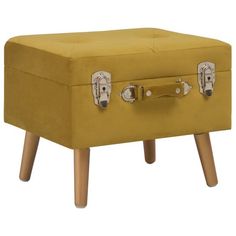 an upholstered yellow ottoman with wooden legs