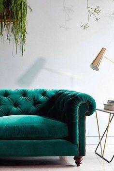 a green couch sitting in front of a lamp next to a table with a plant on it