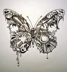 a black and white drawing of a butterfly with intricate designs on it's wings