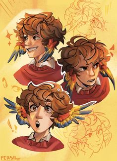 three different faces with wings on them