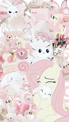 a collage of pink and white pictures with cats, unicorns, flowers and hearts