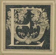 the letter e is made up of flowers and leaves on a black background with white border