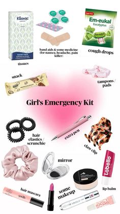 #viral #viralpost#viralpins  emergency kit for girls for school work etc girly stuff school essential back to school period emergency kit makeup hair hair elastics scrunchie lipgloss powder lip balm claw clip mirror snack tissues band aids medicine pain killer pills for nausea headache etc cough drops period products tampons pads etc pen school supplies 🎀✨ Work Hygiene Kit, Sanitary Kit For School, What To Put In Period Kit, Girl Kits For School, Period Packs For Daughter, Period School Kit, Diy Period Kit, How To Make A Period Kit, Simple Emergency Kit For School