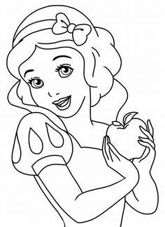 snow white holding an apple in her hand coloring pages for kids, free printable