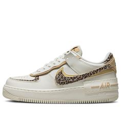 The Nike Air Force 1 Low Shadow Leopard features a classic basketball-inspired design with a modern twist.  The sleek leather base in a Soft Sail hue is accented with creamy suede and a distinctive leopard print Swoosh. The "Double Everything" design concept adds a layered look with dual Swooshes and an exaggerated midsole, creating a unique and comfortable sneaker. (AF1/SNKR/Skate/Low Top/Women's/Non-Slip/Leopard Print/Wear-resistant) Womens Air Force 1, Leopard Nikes, Air Force Women, Nike X Travis Scott, Nike Air Force 1 Shadow, Air Force 1 Shadow, Leopard Shoes, Nike Models, Jordan 8