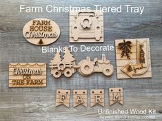 farm christmas themed tray with wooden cutouts and words that spell out the word, blanks to decorate