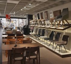 a room filled with lots of chairs and tables next to shelves full of different types of chairs