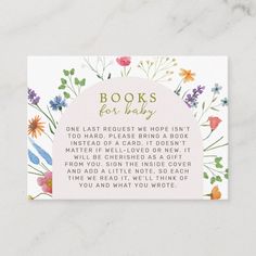 a card with flowers and the words books for baby written in pink, blue, orange and