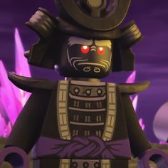 a lego character with red eyes standing in front of a purple background