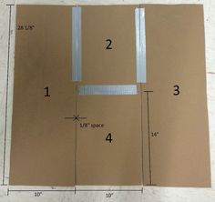 three cardboard boxes are shown with measurements for each piece in the box and one is cut out