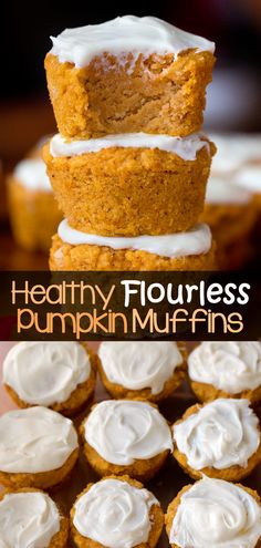 pumpkin muffins with white frosting stacked on top