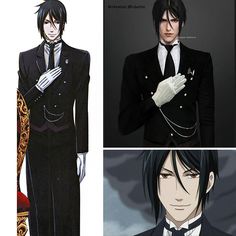 three different anime characters with black hair and white gloves, one in a suit and the other in a tuxedo