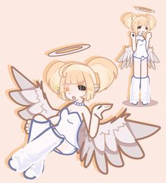 an anime character with angel wings and two other characters