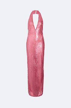 Sheer Sequin Deep V Neck Gown in Lotus Pink | LAPOINTE V Neck Gown, Fall 24, Sequin Gown, Feather Dress, Pre Fall, Jacket Sale, Dream Dress, Deep V Neck, Deep V