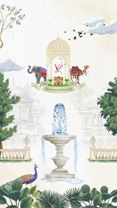 an illustration of a fountain with horses and birds around it