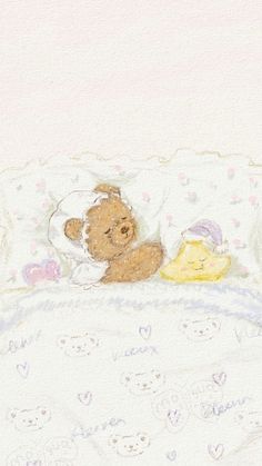 a drawing of a teddy bear laying in bed with a ducky pillow on it's side