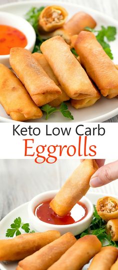 eggrolls with keto low carb dipping sauce on top and an egg roll in the middle