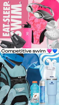 the contents of a water bottle, backpack and swimming gear are shown in this collage