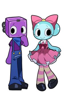 two cartoon characters standing next to each other, one wearing a pink dress and the other blue