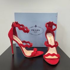 Beautiful Classic Bright Red Prada Heels - Nib Authentic Best For A Narrow Foot Luxury Red Sandals With 4-inch Heel, Red Pointed Toe Sandals For Cocktail, Red Round Toe Heels For Cocktail, Red Cocktail Heels With Round Toe, Elegant Red Sandals, Luxury Red Pointed Toe Sandals, Luxury Red Heels With Heel Strap, Luxury Red Heels For Spring, Chic Cocktail Heels With Red Sole