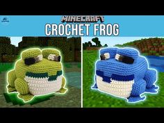 two pictures of the same character in minecraft, one is a crochet frog