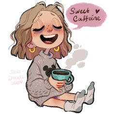 a drawing of a woman sitting on the ground holding a cup of coffee and smiling