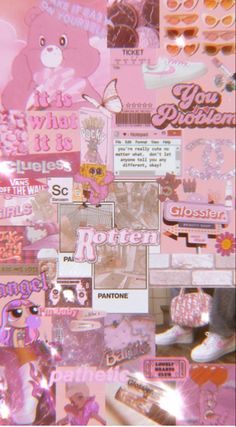 a collage of pink stickers and pictures