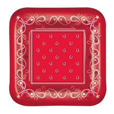 a red square plate with an ornate design on the border and stars in the middle