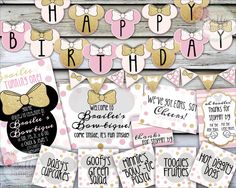 pink and gold minnie mouse birthday party package with decorations, buntings and signs