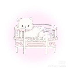 a drawing of a white teddy bear in a crib with pink and purple background