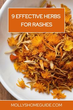 a white bowl filled with yellow flowers on top of a wooden table and the words 9 effective herbs for rabies