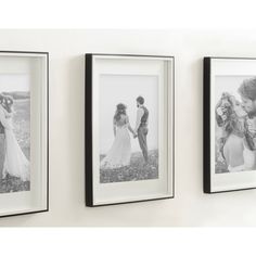 three black and white photos hanging on the wall next to each other, one with a bride and groom holding hands