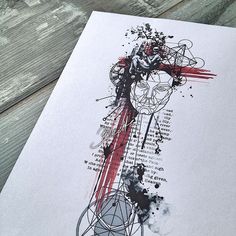 a piece of paper that has been drawn with ink and watercolors on it