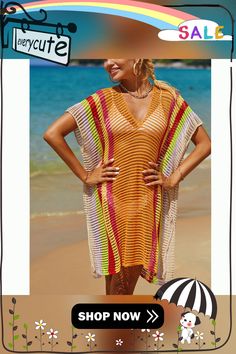 Orange Hollow-out Rainbow Kimono Knit Beachwear Knit Beachwear, Rainbow Kimono, Beachwear Swimwear, Beach Cover Ups, Swimwear Beach, Beach Covers, Cover Up, Rainbow, Orange