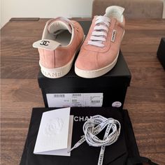 Material: Suede Calfskin Chanel Side Logo Pink Suede Calfskin Material Chanel Logo On Back Heel Cc Logo On Back Tab Excellent Condition - Worn Once. Original Box With Dust Bag And Additional New Laces With Logo. Size 37.5 Runs True To Size. Logo Pink, Chanel Logo, Pink Suede, Pink Logo, Cc Logo, Womens Shoes Sneakers, Calf Skin, Original Box, Athletic Shoes