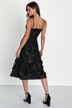 If the invite says ""botanical garden"" make sure you check yes because the Lulus Glamour Garden Black 3D Floral Embroidered Midi Dress loves to be among the flowers! Sheer mesh, decorated with three-dimensional floral embroidery, shapes a straight neckline and a fitted bodice, supported by adjustable spaghetti straps. High waist tops a flaring midi skirt. Hidden back zipper/clasp. Fit: This garment runs small - please size up. Length: Knee to mid-calf length. Size medium measures 40" from adjus Chic Floral Embroidered Midi Dress For Party, Chic Floral Embroidered Dresses For Prom, Chic Prom Dresses With Floral Embroidery, Floral Embroidered Midi Dress For Night Out, Floral Embroidery Midi Dress For Night Out, Midi Length Floral Embroidery Dress For Night Out, Garden Party Midi Dress, Embroidery Shapes, 3d Floral Dress