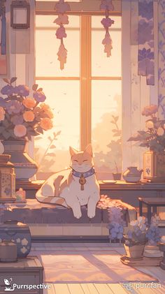 a cat sitting on top of a table next to a vase with flowers in it