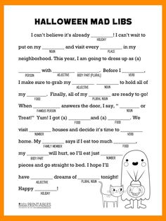 halloween mad libs worksheet with an orange border around the image and text