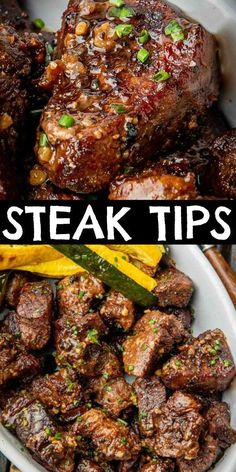 steak tips in a white bowl with green peppers on the side and an image of steak