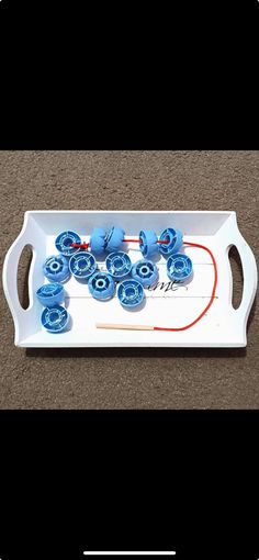 a white tray with blue flowers in it on a carpeted floor next to a pair of scissors