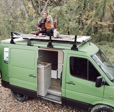 roof deck, van life roof deck, van life, green, rental, travel, camper van, conversion, camper van roof deck, van life exterior Travel Vans Vehicles, Van Painting Ideas, Van Roof Deck, Van Outside Paint, Campervan Roof Deck, Van Life Roof Deck, Camper Van Roof Bed, Van In Forest