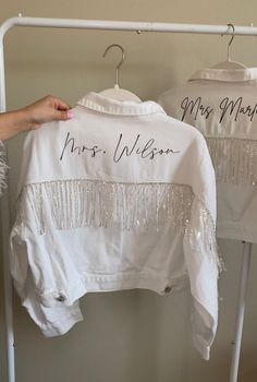 two white shirts with sequins on them and the words mrs wilson written on them