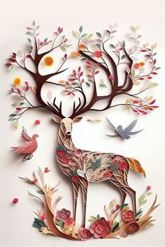 a paper cut deer surrounded by birds and flowers