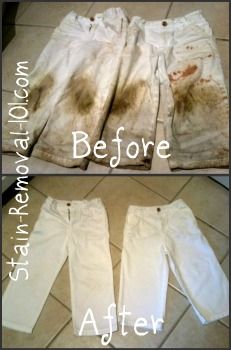 before and after photos of white jeans with stains on them, the bottom is brown