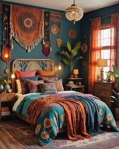 a bedroom decorated in blue and orange colors