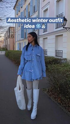 Ig: @mya.salma Aesthetic Winter Outfit, Blue Outfits, Snow Outfit, Aesthetic Winter, Blue Outfit, Winter Outfit, Outfit Idea, Winter Season, Winter Outfits