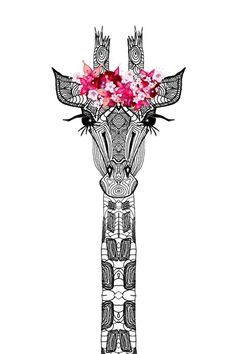 a drawing of a giraffe with flowers on its head